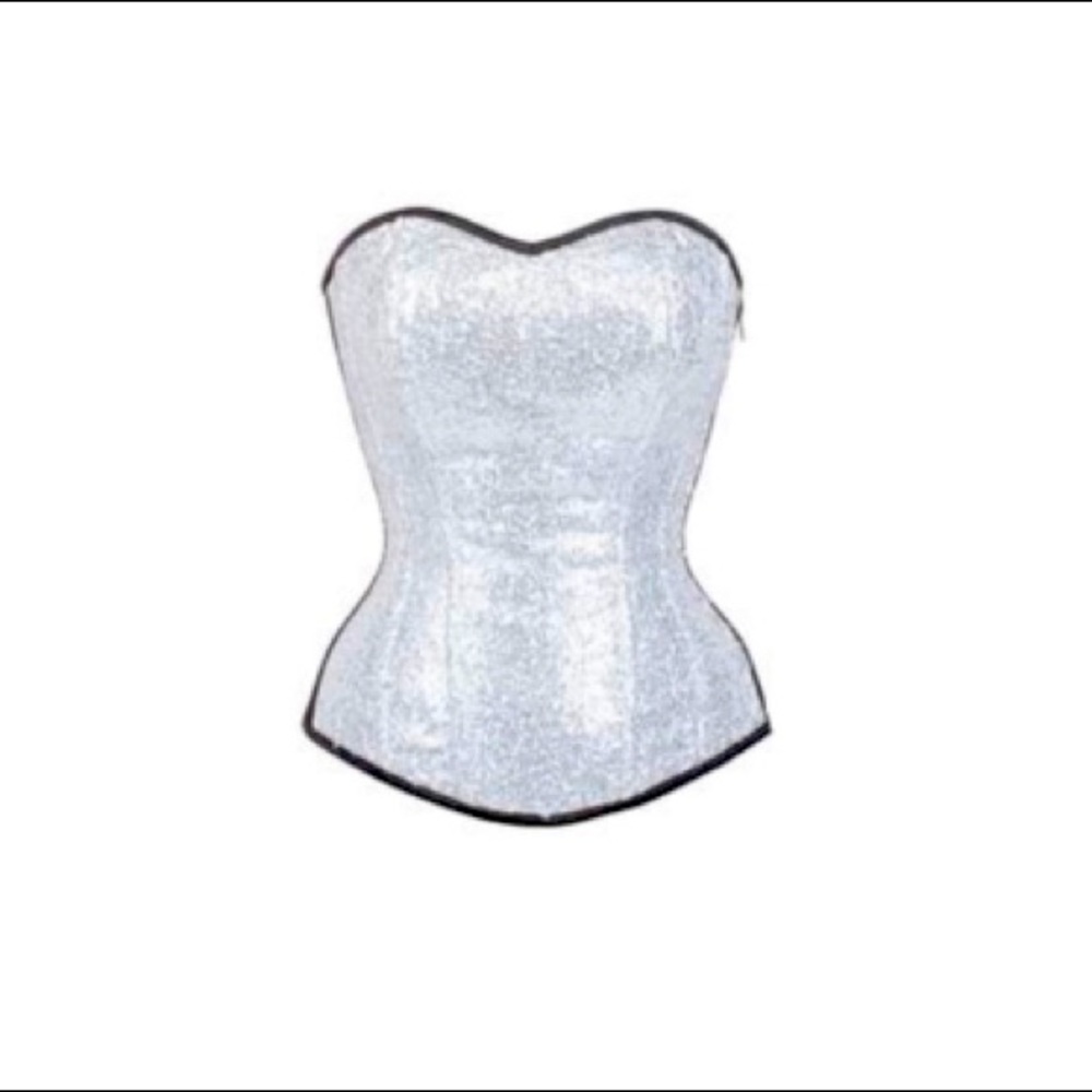 New! Silver Sequin And Black Satin Overbust Corset